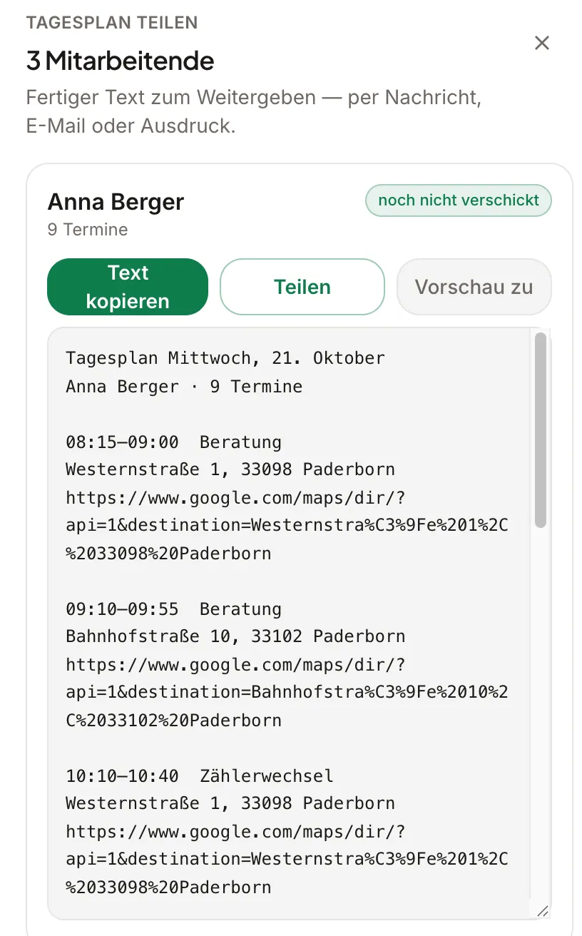 Tagesplan teilen: fertiger Text je Mitarbeiterin mit Uhrzeit, Adresse und Navigationslink