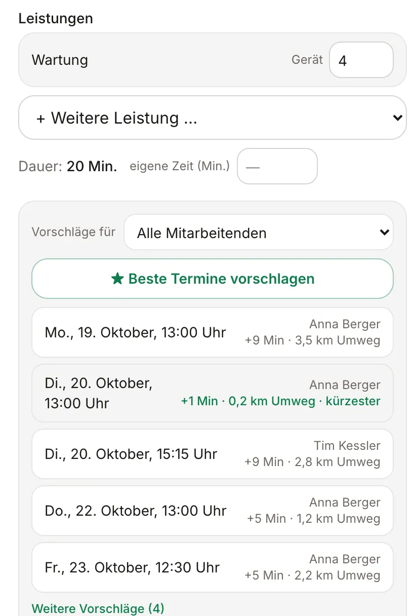 Termin anlegen: Vorschläge mit Mitarbeiterin, Umweg in Minuten und Kilometern, der kürzeste ist markiert