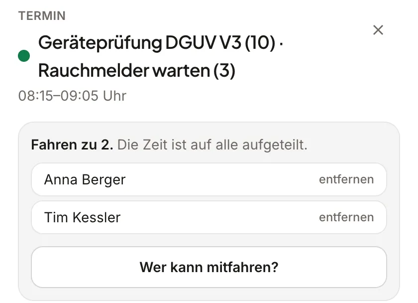 Derselbe Auftrag mit zwei Personen, jetzt 08:15 bis 09:05 Uhr