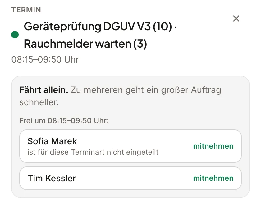 Auftrag 08:15 bis 09:50 Uhr, eine Person fährt allein, zwei weitere sind frei und können mitgenommen werden